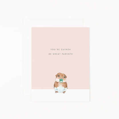 A Dear Hancock hand-painted greeting card featuring an image of a Guinea Pig holding a pacifier.