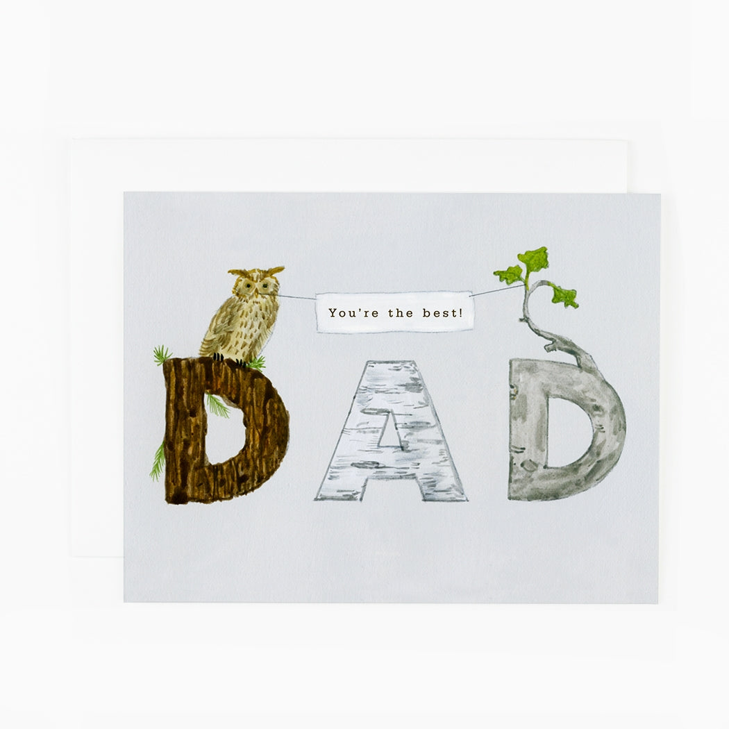 Greeting Card by Dear Hancock with illustration saying DAD in wood letters with an owl on one of the D&