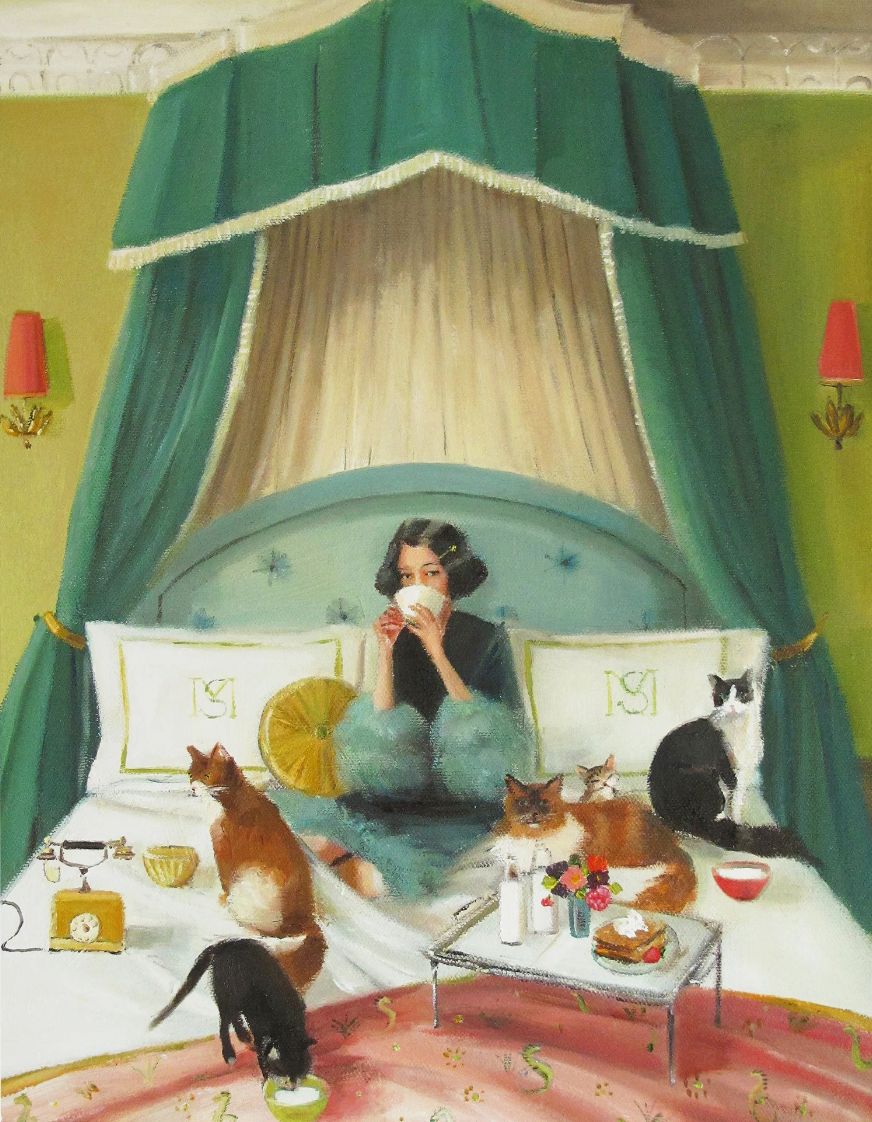 A Mademoiselle Mink Breakfasts in Bed Small Art Print by Janet Hill of a woman sitting on a bed with cats.