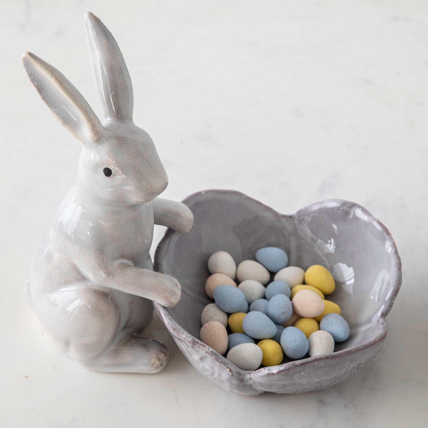 Stoneware Rabbit with Flower Shaped Bowl