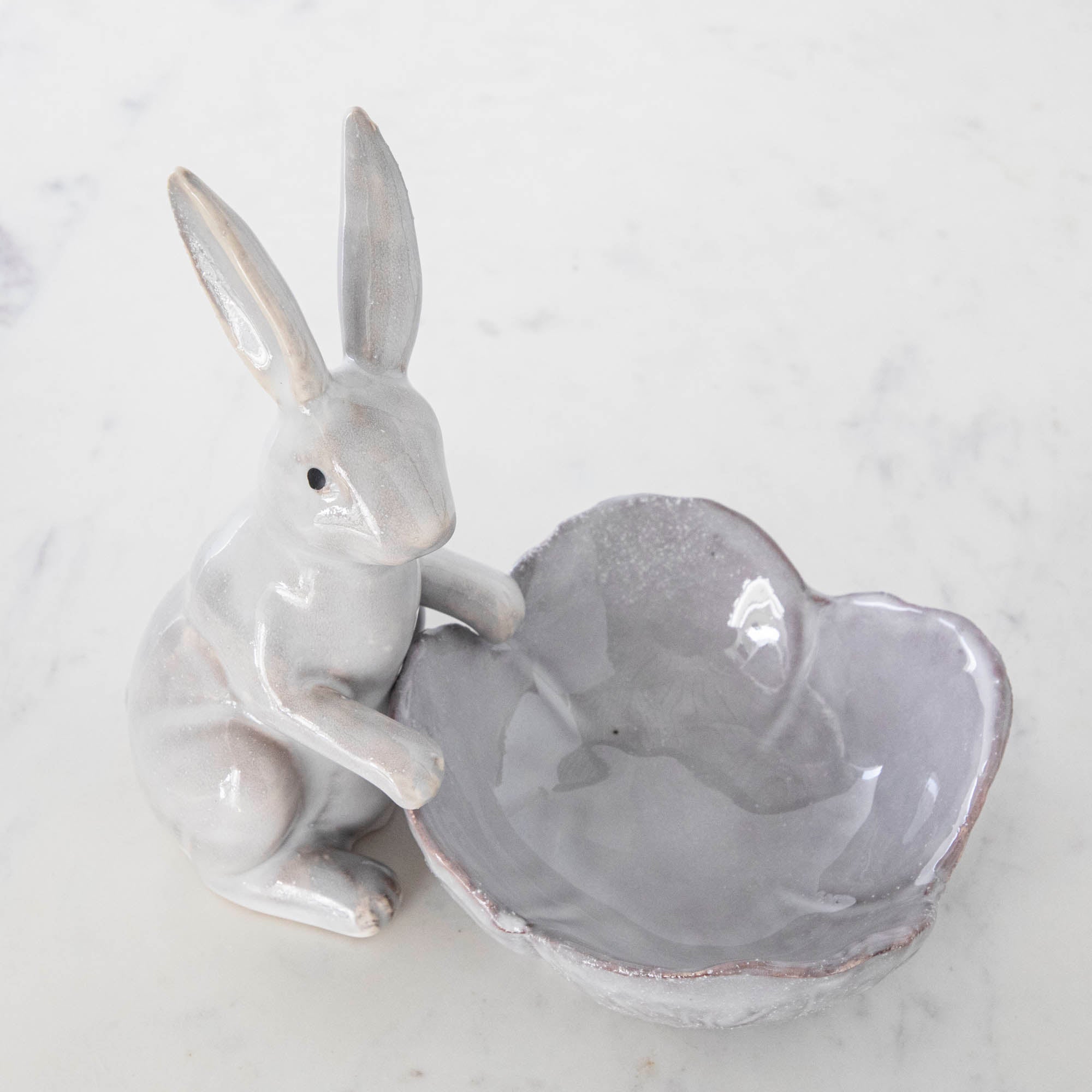 Stoneware Rabbit with Flower Shaped Bowl