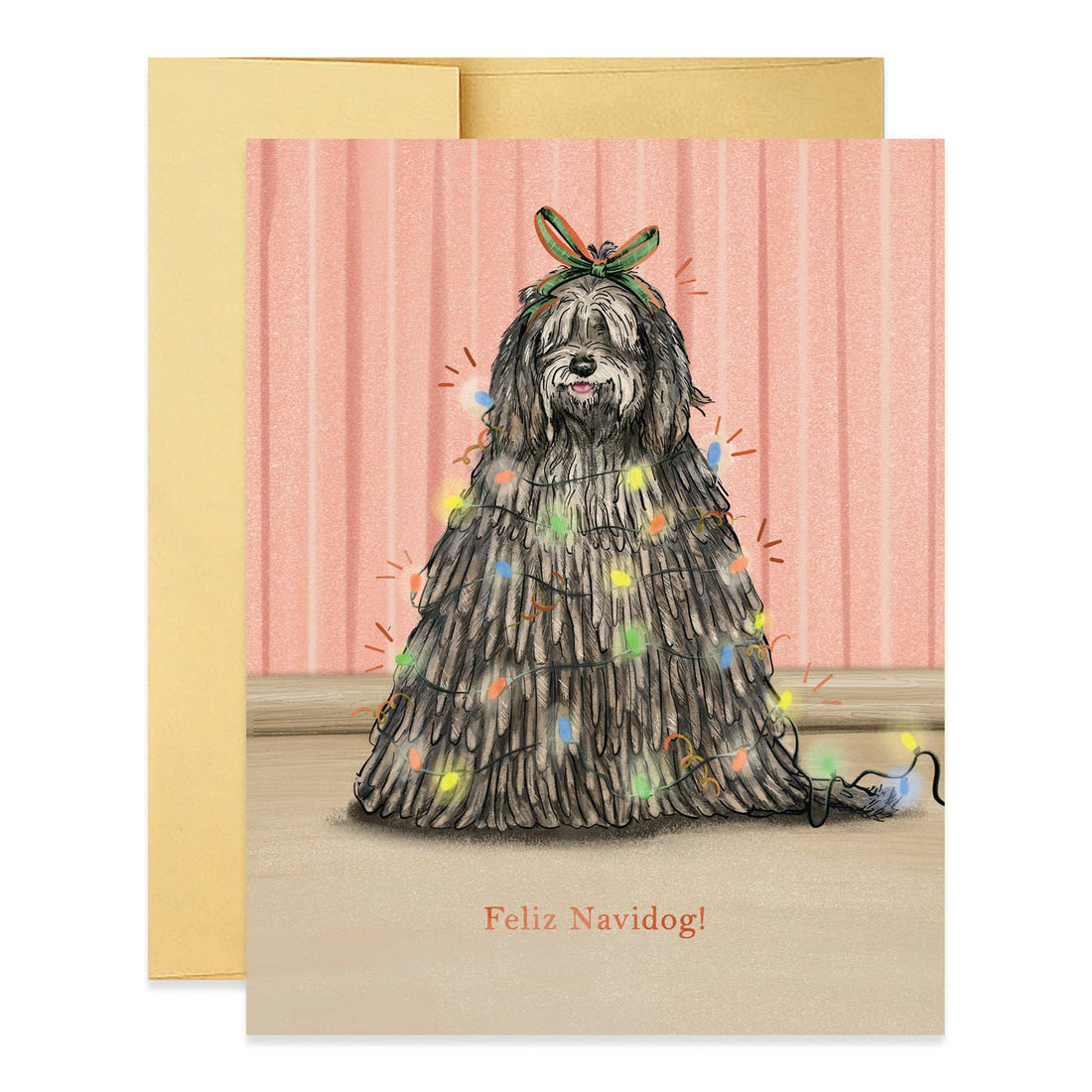 Greeting card with an illustration of a dog wrapped in Christmas lights.  At the bottom in gold font it says &quot;Feliz Navidog!&quot;