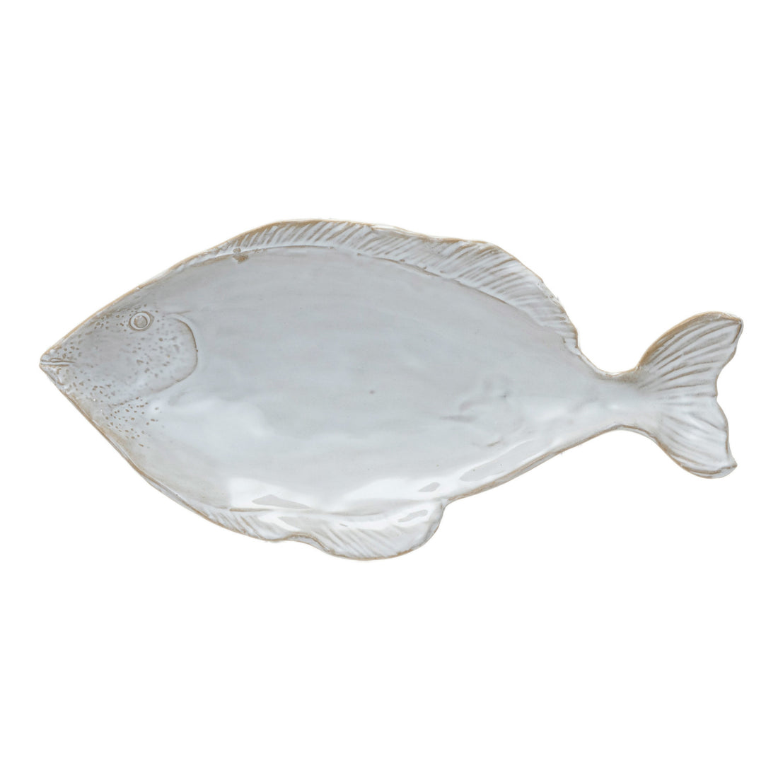 White reactive stoneware fish shaped plate.