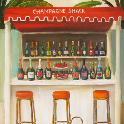 A painting by Janet Hill, a Canadian fine artist, of a bar with stools and bottles, created using archival inks.