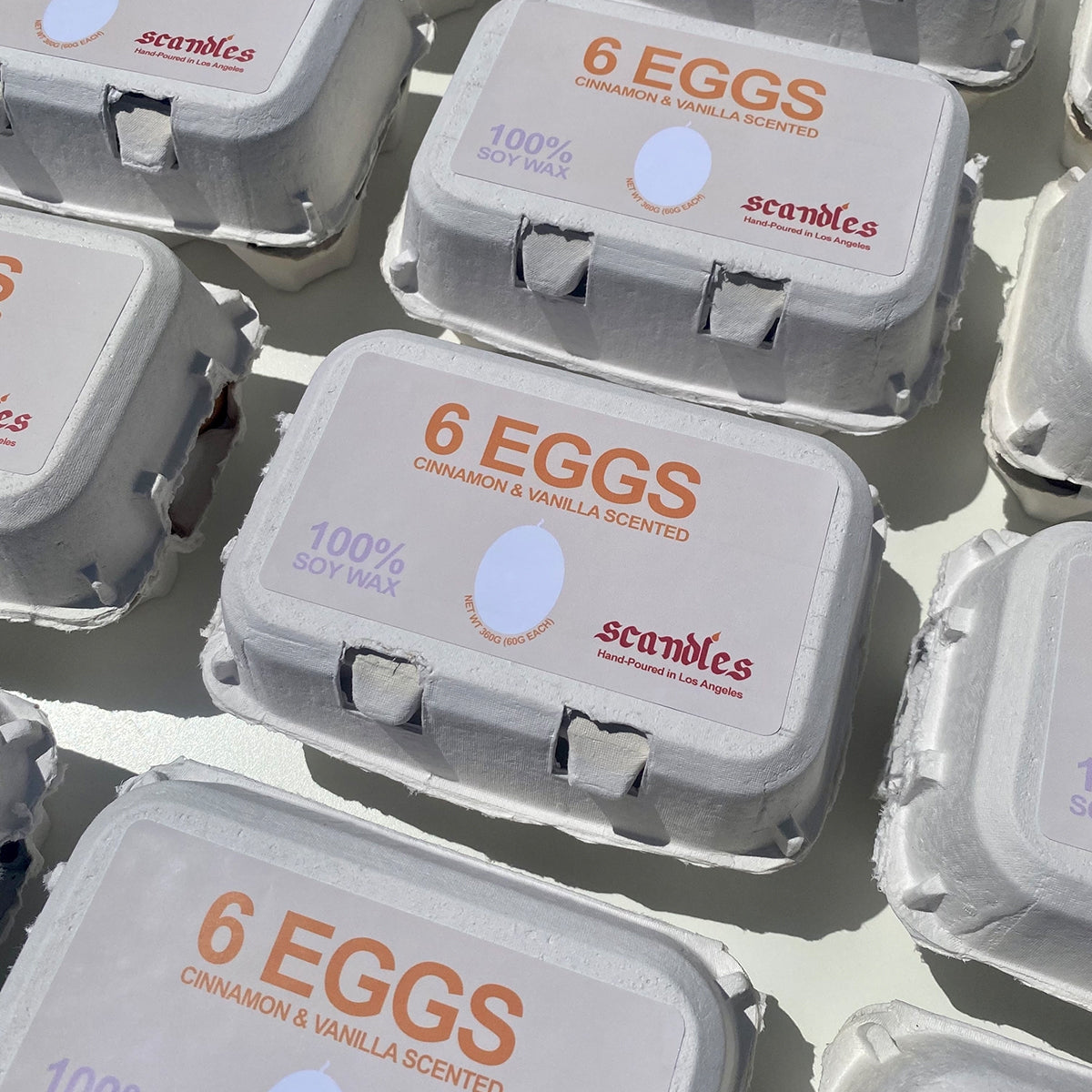 Grouped together boxes of egg cartons. 