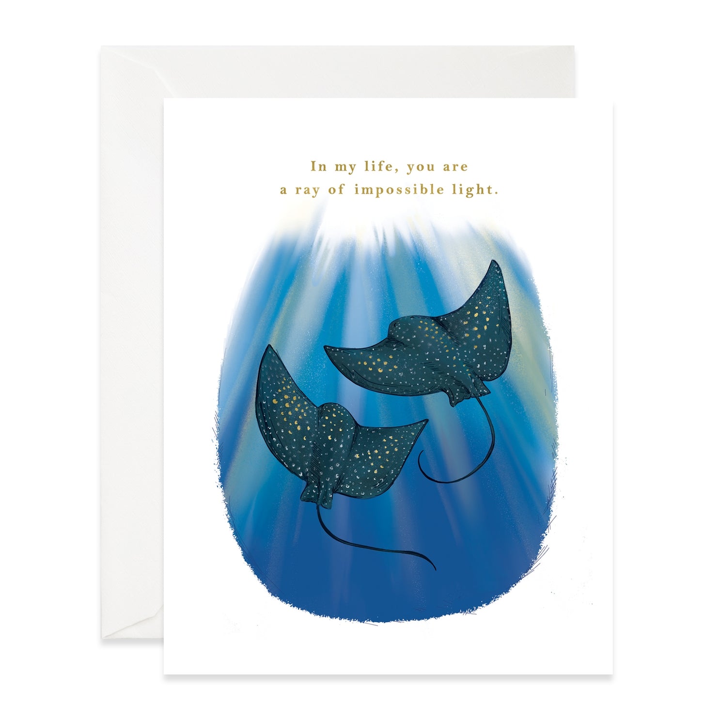 Front of greeting card with illustration of 2 stingray fish swimming.  Above it says &quot;In my life, you are a ray of impossible light&quot;. 