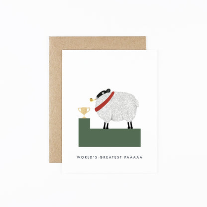 Greeting card by Dear Hancock with artwork of a  hand drawn sheep wearing a hat and smoking a pipe with a gold foiled trophy text reads &quot;World&