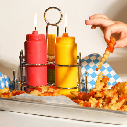 Ketchup and mustard candle set by Glow Worm Goods.