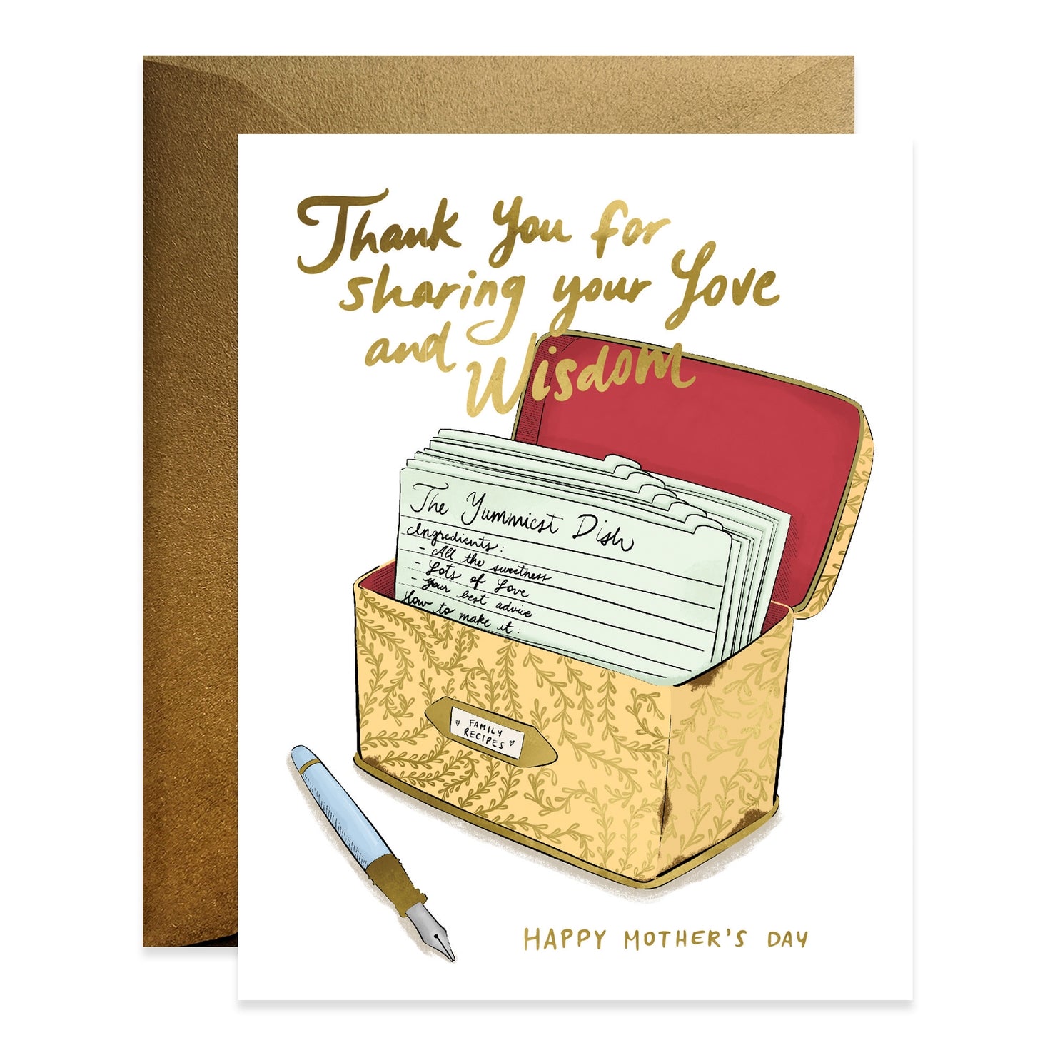 Greeting card with illustration of a recipe box by Good Juju saying Thank you for sharing your love and wisdom at the top and Happy Mother&