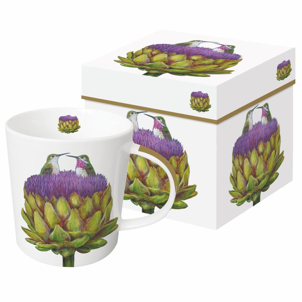 Love at First Artichoke Mug with artwork by Vicki Sawyer depicting 2 hummingbirds sitting in an artichoke. 