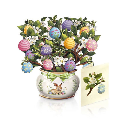 Mini Easter Egg Tree Pop Up Flowers in a vase with a bunny on it and a matching greeting card.