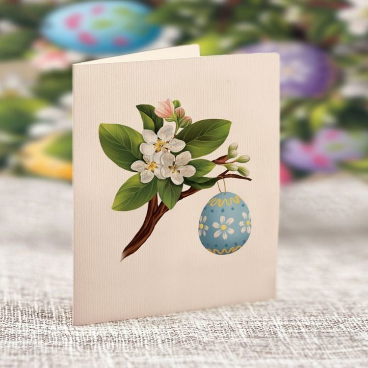 A greeting card with an illustration of a branch with flowers and a colorful Easter Egg hanging from it.