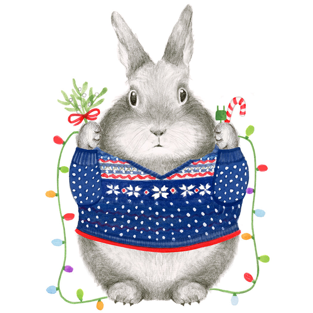 An illustration of a Christmas Bunny wearing a Christmas sweater and holding a branch and candy cane, surrounded by mistletoe lights by Dear Hancock.