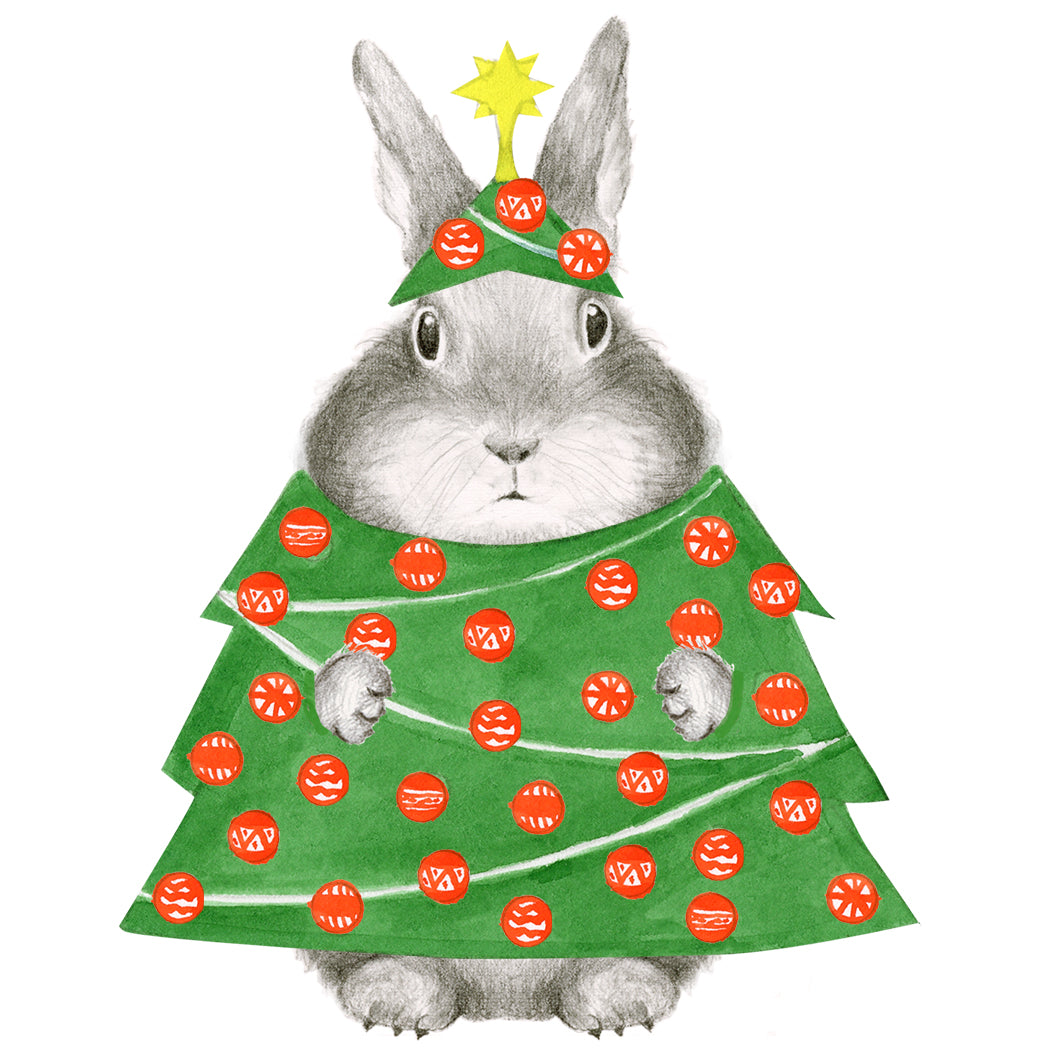 A Dear Hancock Bunny in Tree Costume with a Merry Little Christmas holiday tree costume and a star on its head.