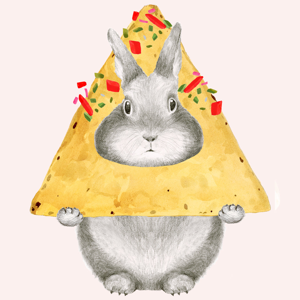 A Dear Hancock greetings card of a hand-drawn, graphite bunny peeking through a nacho