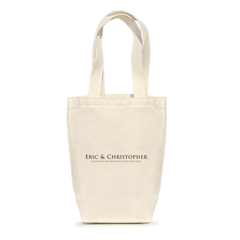 back of canvas tote bag with Eric &amp; Christopher printed on it. 