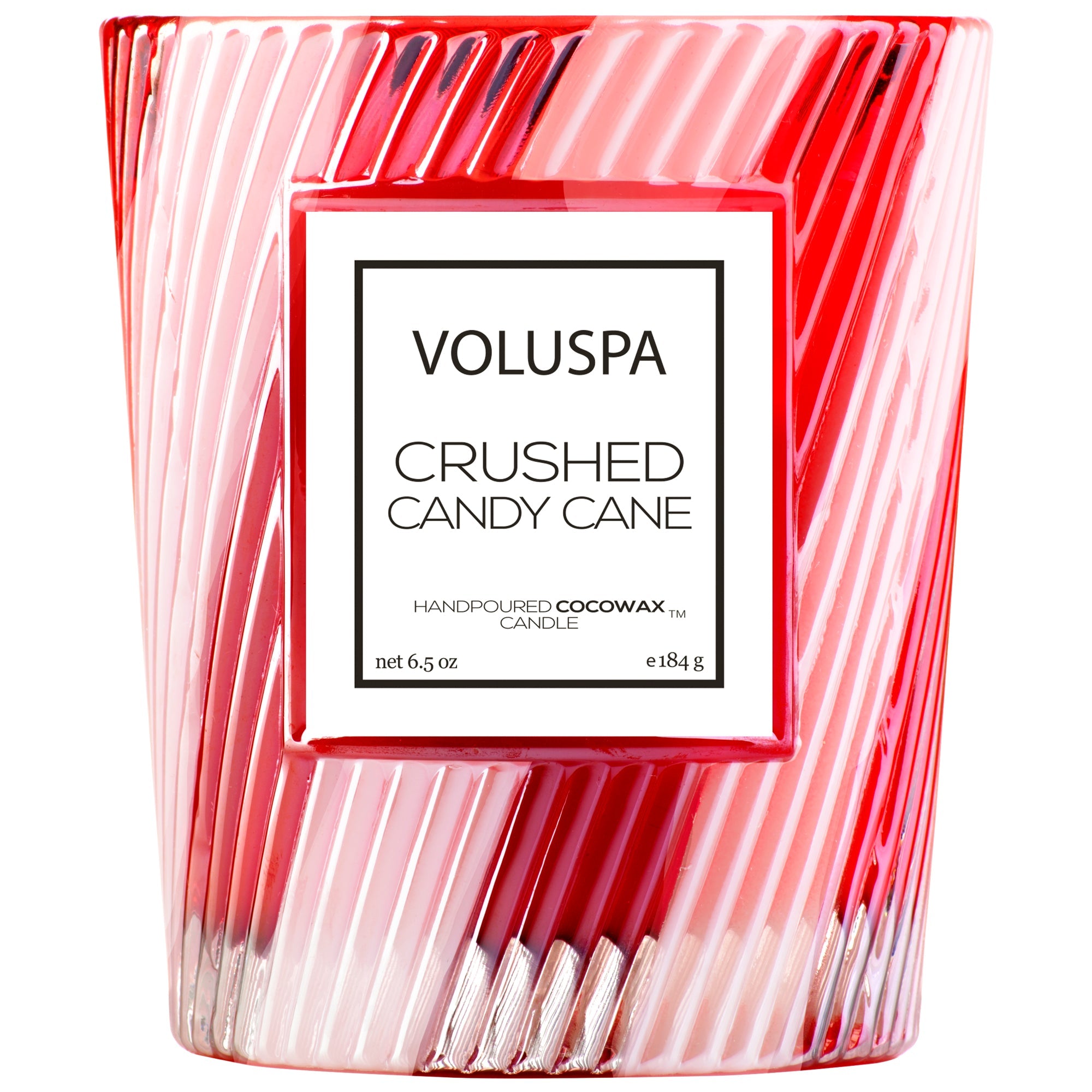 Red and white candy striped glass candle in 6.5oz size