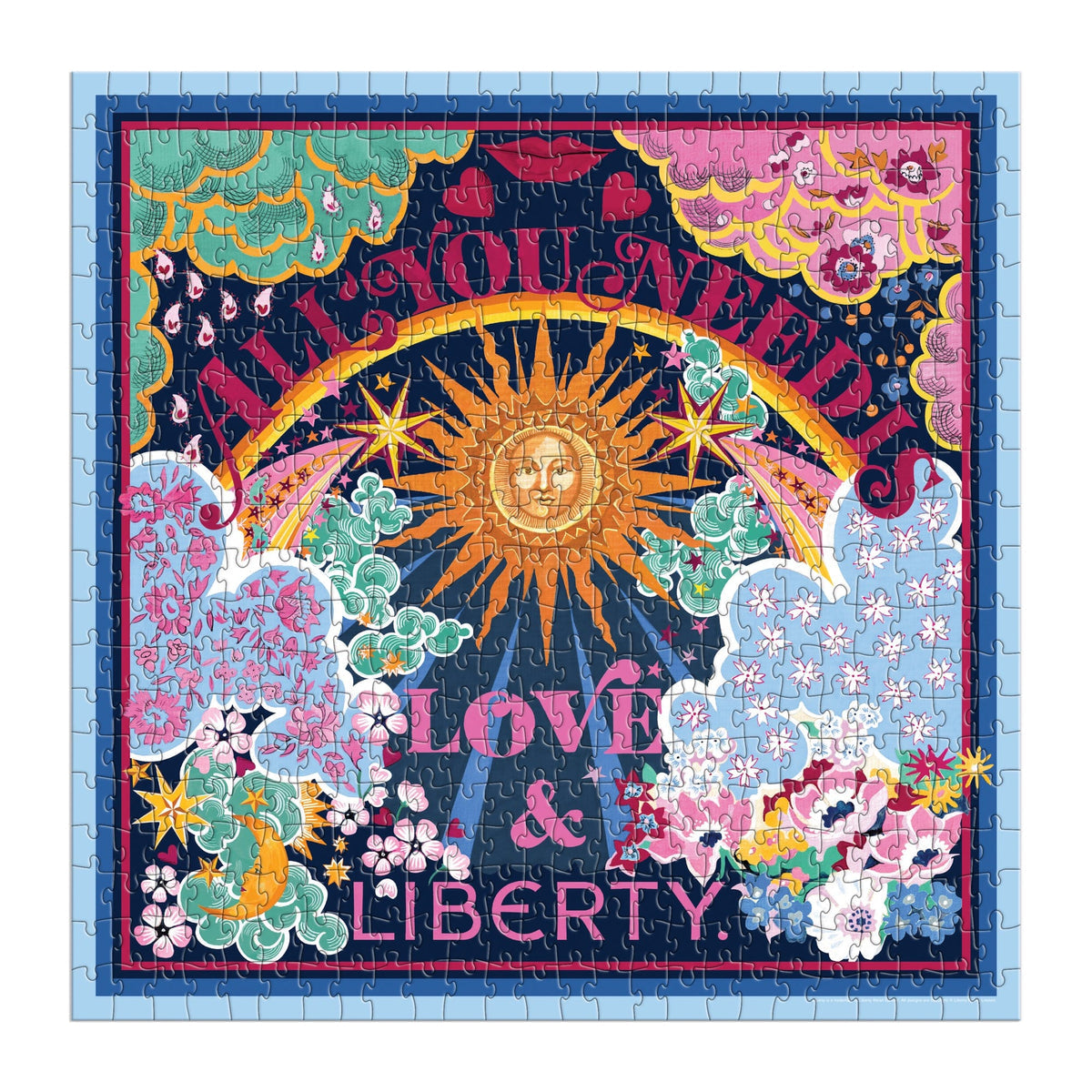 A jigsaw puzzle designed to look like a keepsake box with magnetic closure, titled &quot;Liberty All You Need is Love Puzzle&quot; featuring a colorful, Thorpe print design. It consists of the Liberty All You Need is Love 500 Piece Book Puzzle by Chronicle Books.