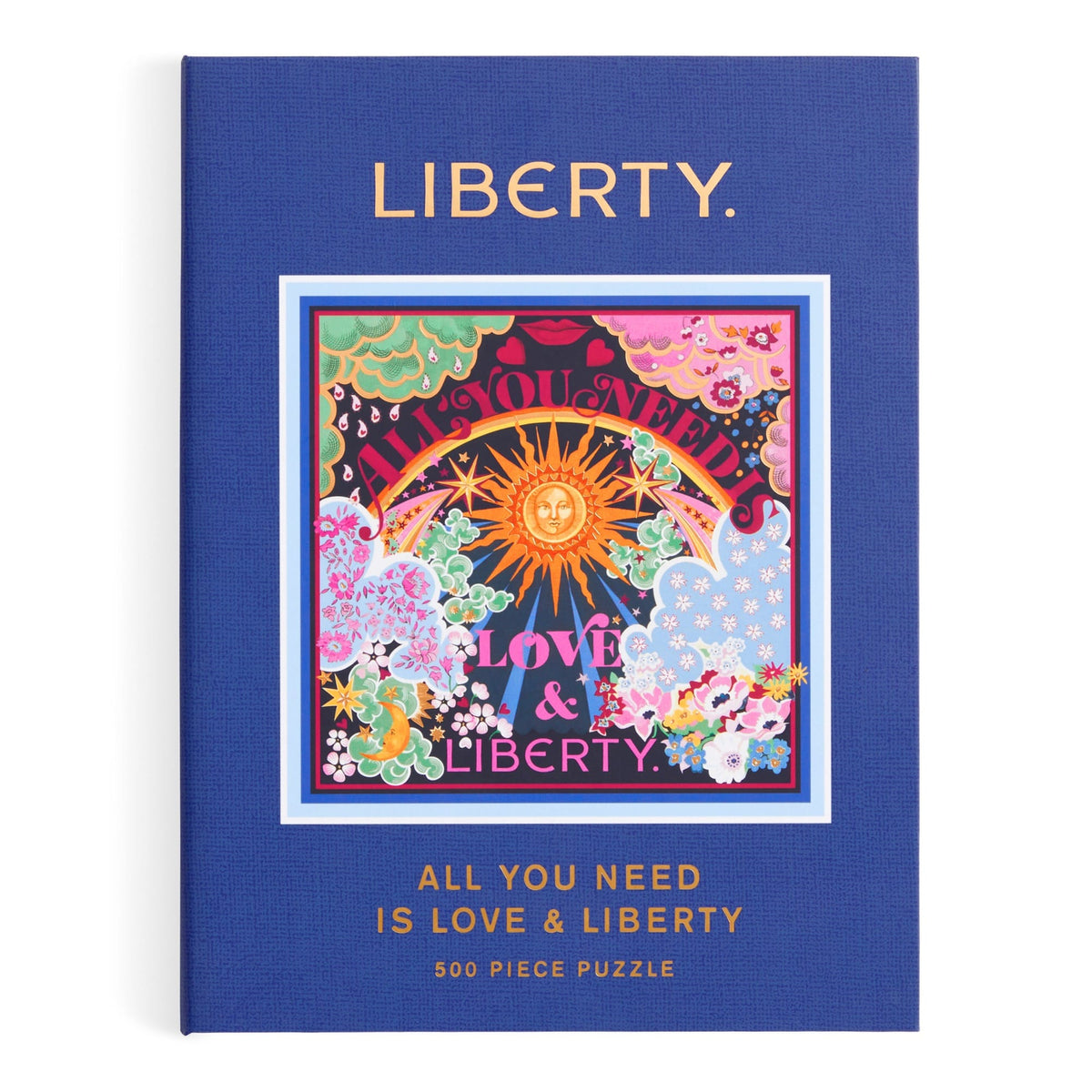 A jigsaw puzzle designed to look like a keepsake box with magnetic closure, titled &quot;Liberty All You Need is Love Puzzle&quot; featuring a colorful, Thorpe print design. It consists of the Liberty All You Need is Love 500 Piece Book Puzzle by Chronicle Books.