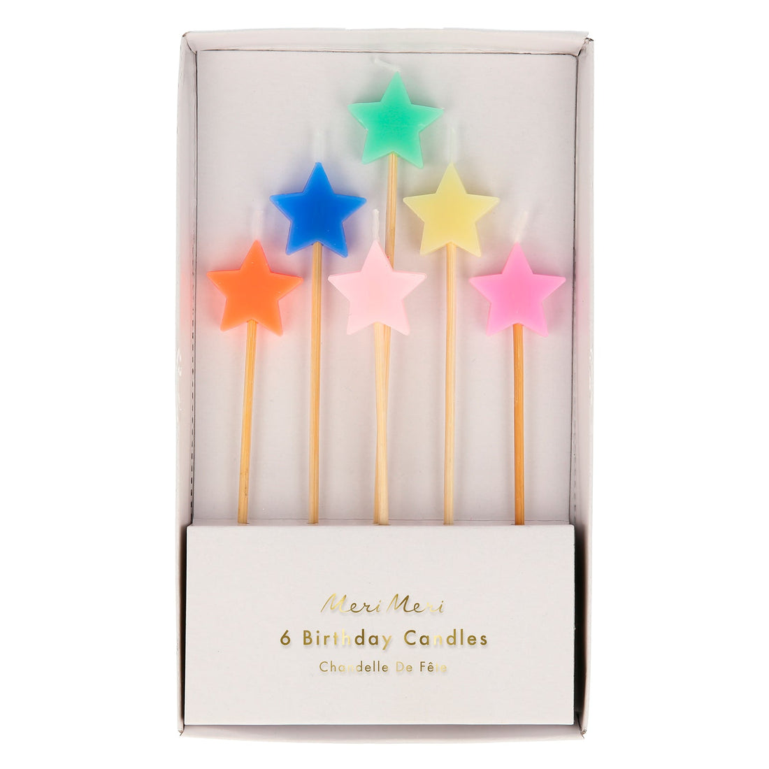 Wooden candlesticks with star candles on top that come in 6 different colors. 