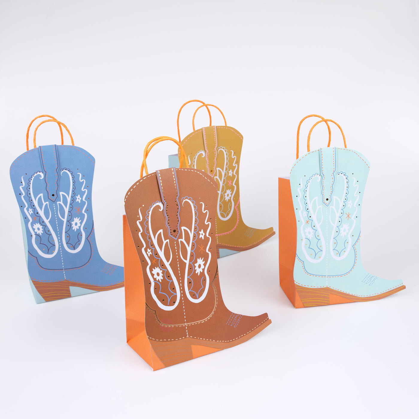 8 Party bags in 8 different colors, including brown, ochre, orange, light blue, blue, mint, white and light pink