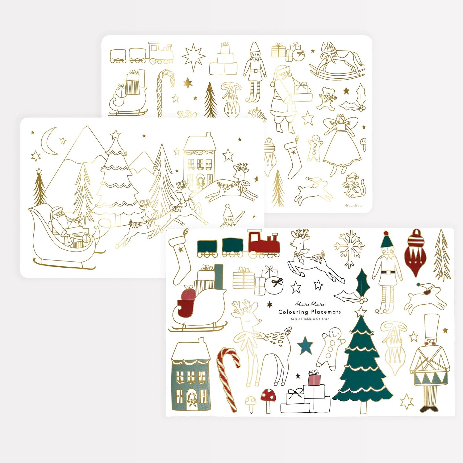 Christmas coloring placemats that include coloring sheets for kids, with fabulous goid foil illustrations.
