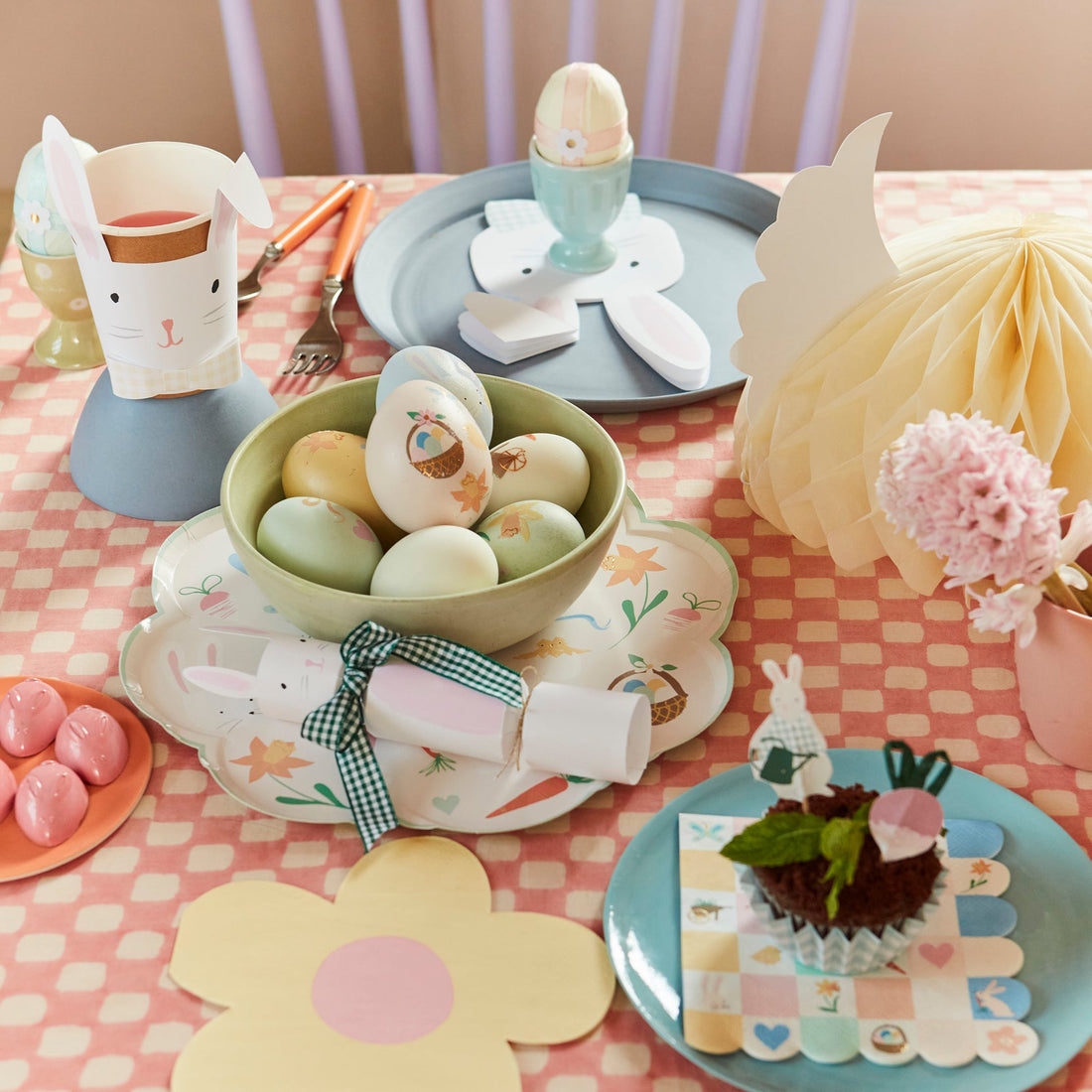 Meri Meri Lop Eared Bunny Cups with gingham bows on a set table