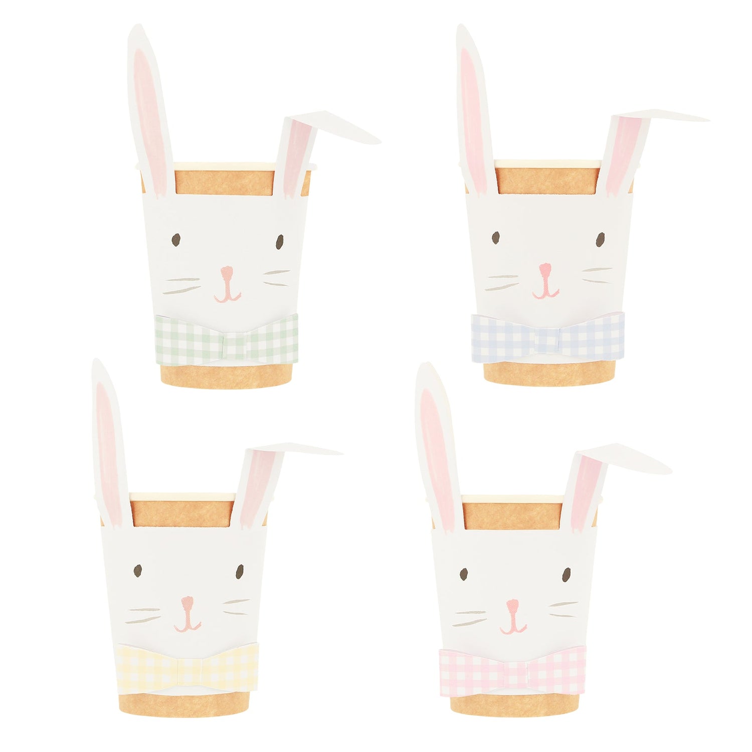 Four Meri Meri Lop Eared Bunny Cups with gingham bows on a white background.