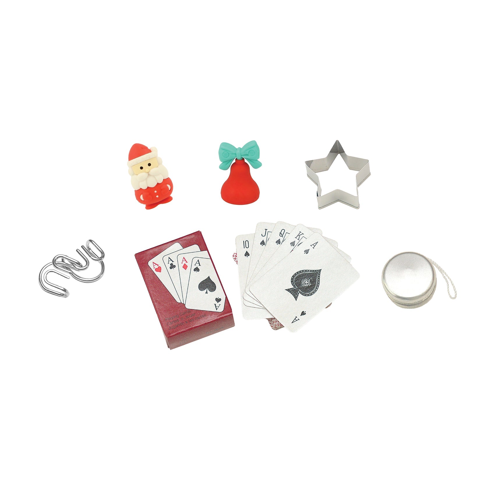 a snowman eraser, santa eraser, a silver star cookie cutter, a silver yo yo, playing cards and a silver metal puzzle.