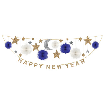 A festive Celestial New Year Garland comprising a banner with the words &quot;happy New Year&quot; in gold lettering, flanked by blue and silver paper fans and gold and silver stars by Meri Meri.