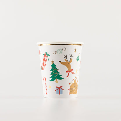 Jolly Christmas paper cup with various holiday ephemera printed on it