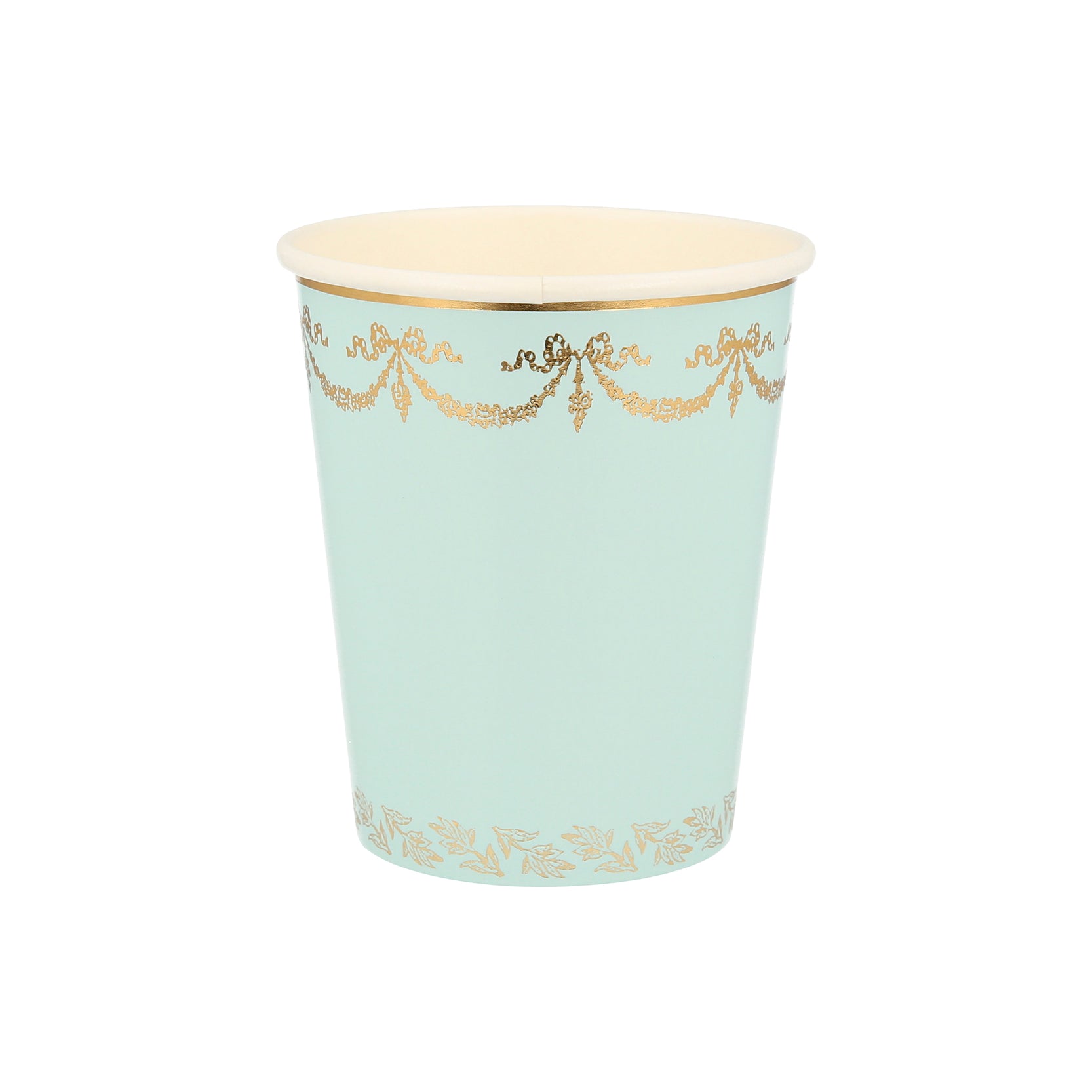 A mint green Ladurée Paris cup with gold trim perfect for Meri Meri collaborations.