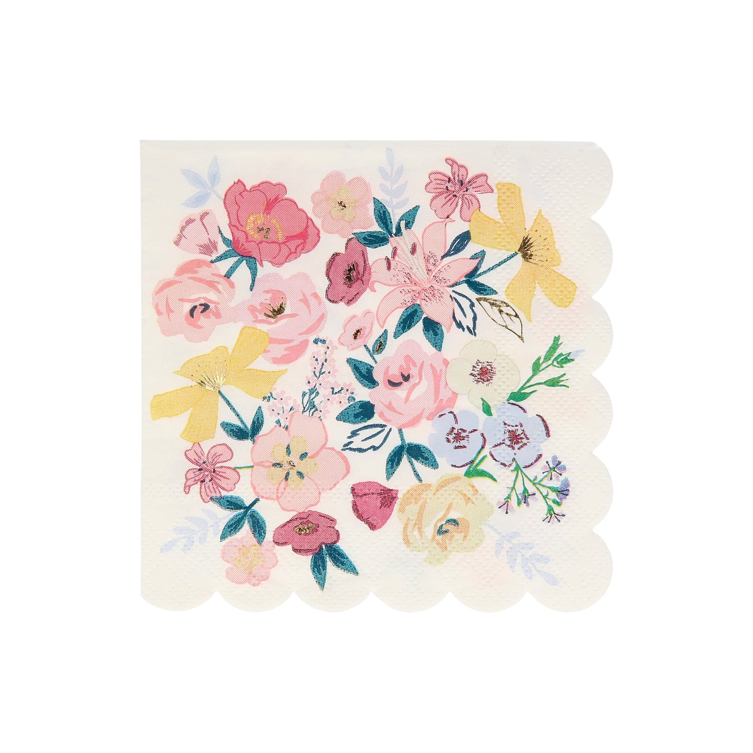 A set of Meri Meri English Garden Napkins with floral designs, perfect for a party table.