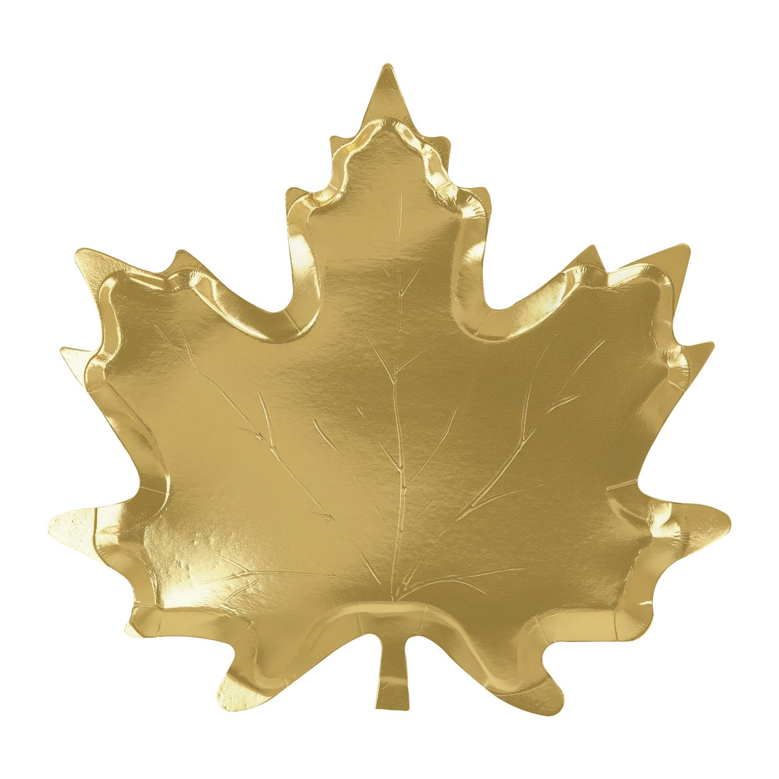 Shiny gold plate shaped like a maple leaf with embossed detailing 