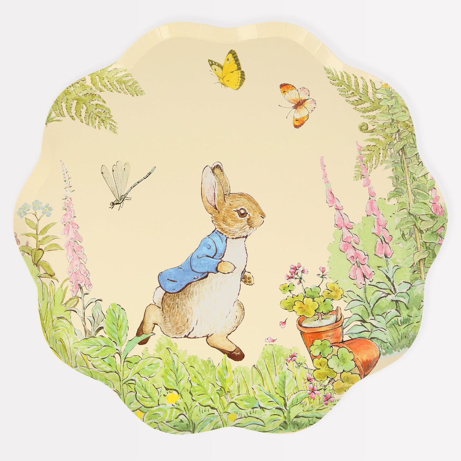 A party table plate with an image of Peter Rabbit and a bird in vintage designs from the Peter Rabbit in the Garden Plates by Meri Meri.