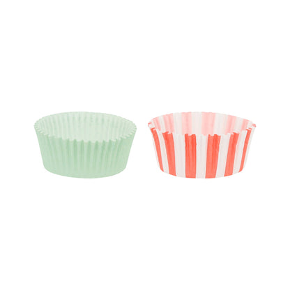 Two cupcake liners. One mint and one red and white striped