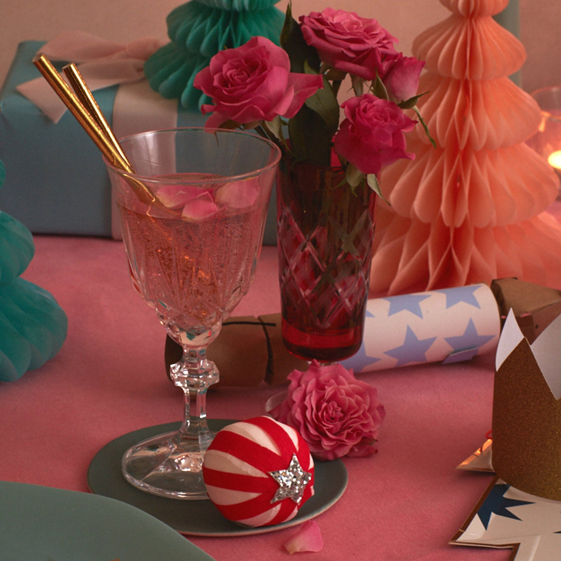 Fancy holiday table with Peppermint Candy Surprise Ball