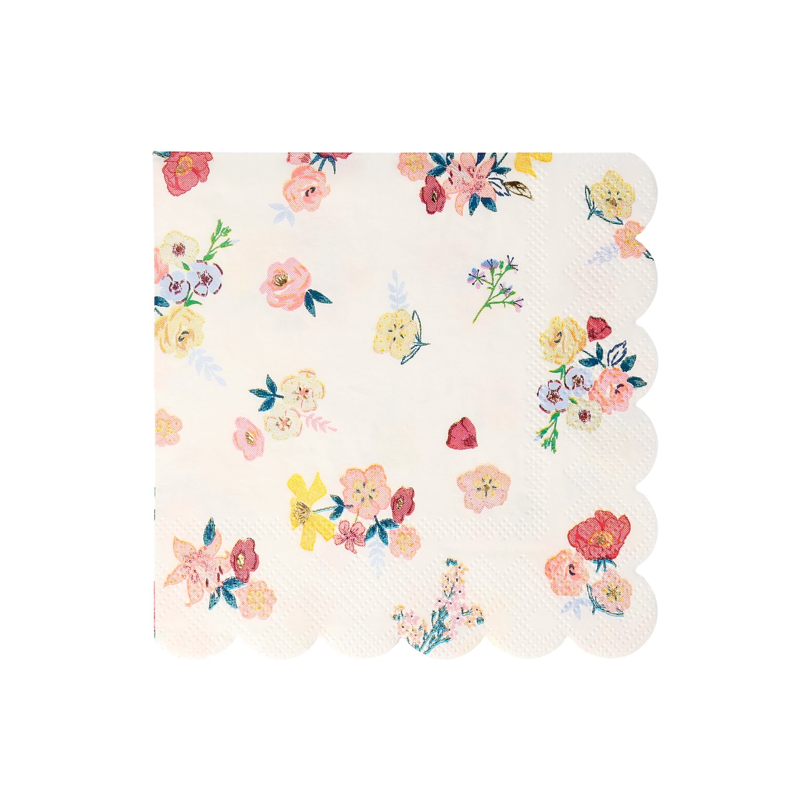 A set of Meri Meri English Garden Napkins with floral designs, perfect for a party table.