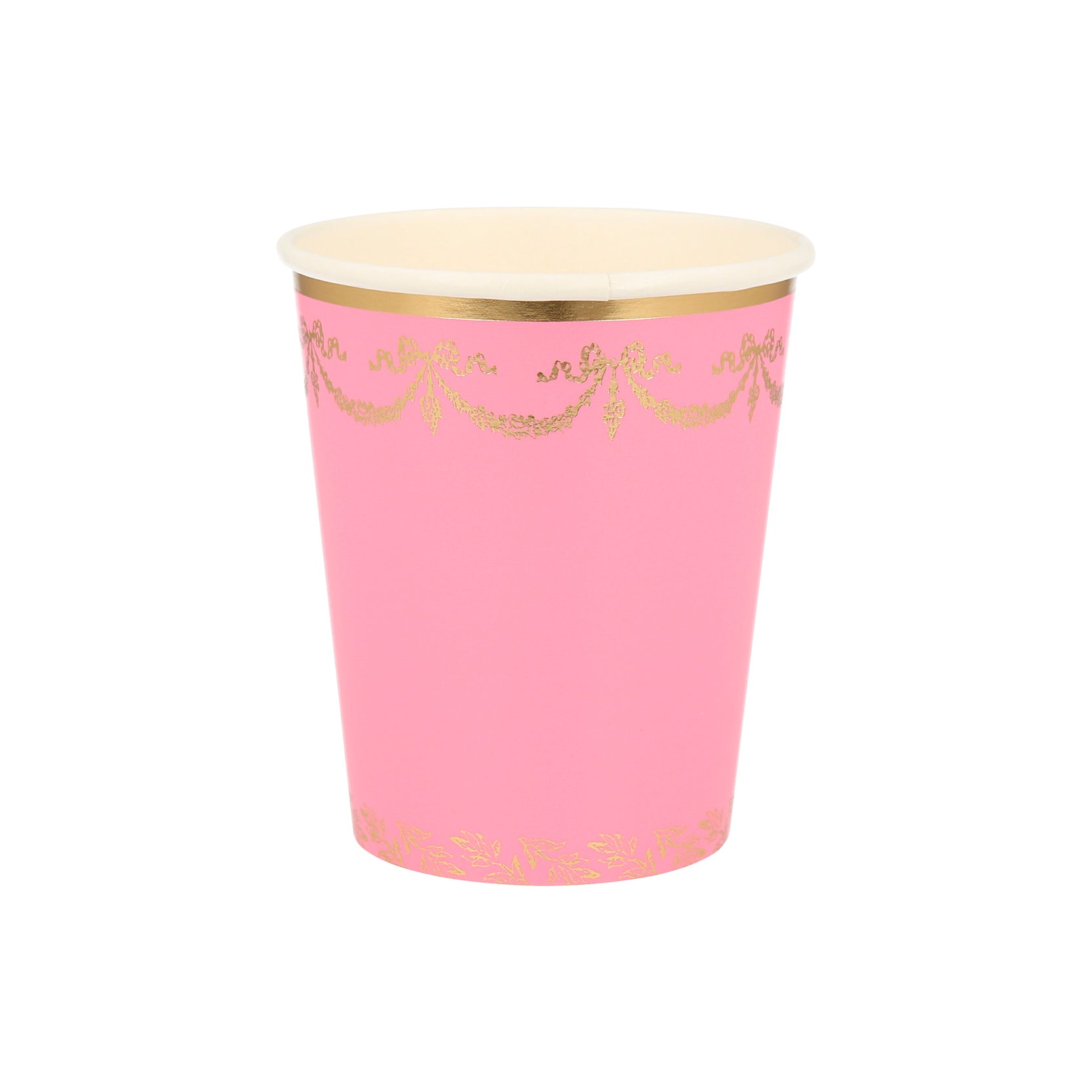 A pink Ladurée Paris cup with gold trim for cups by Meri Meri.