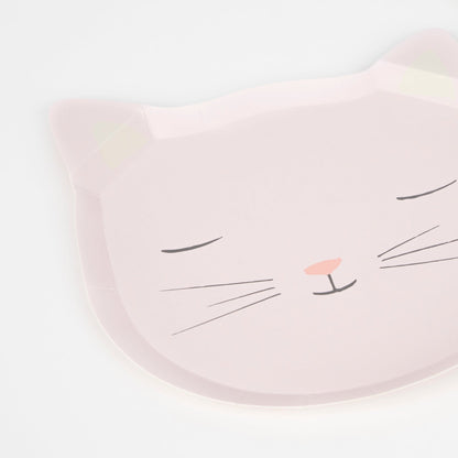 Four Meri Meri Cat Plates with cartoon cat faces in pastel colors, made from sustainable FSC paper.