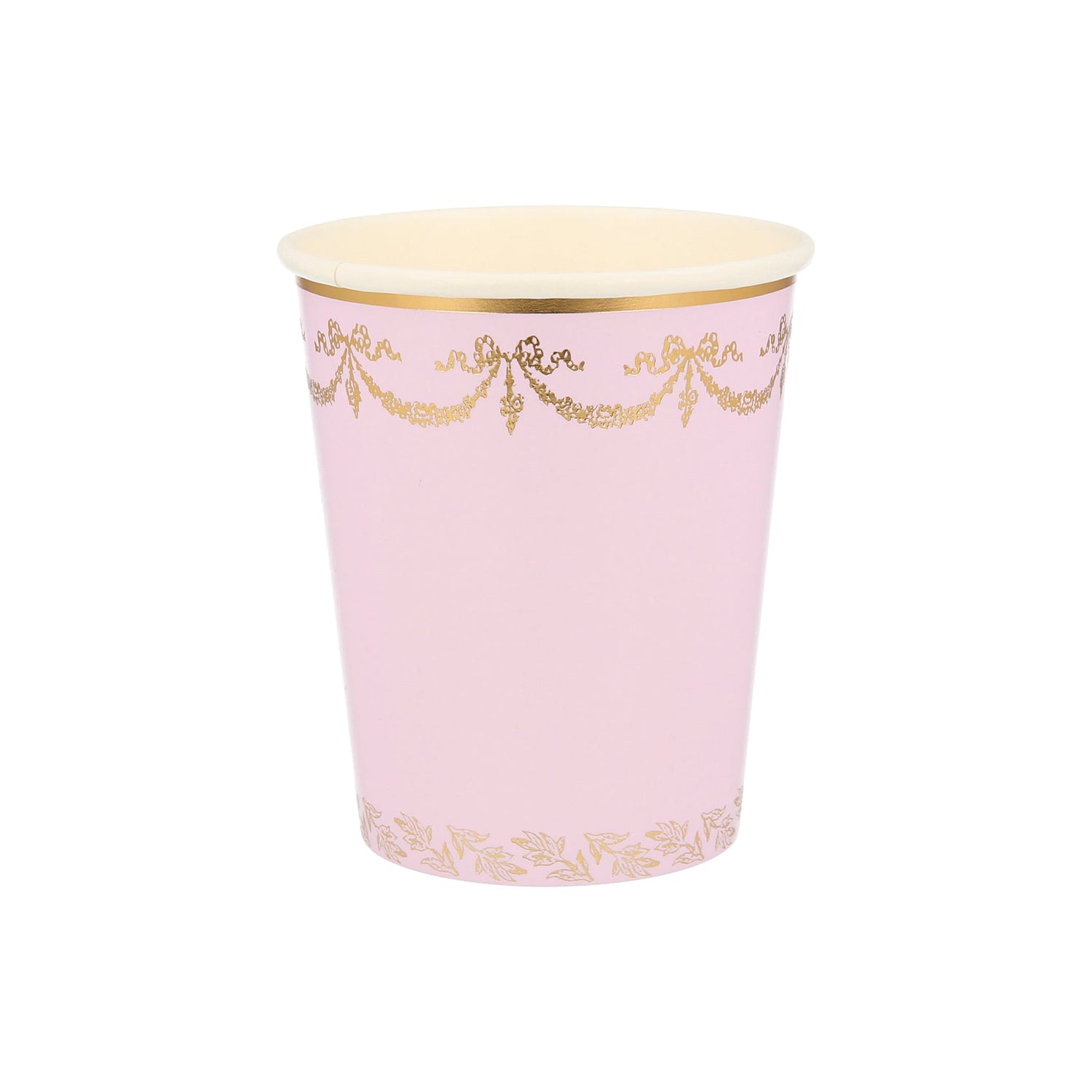 A pink Ladurée Paris cup with gold trim, perfect for Meri Meri collaborations.