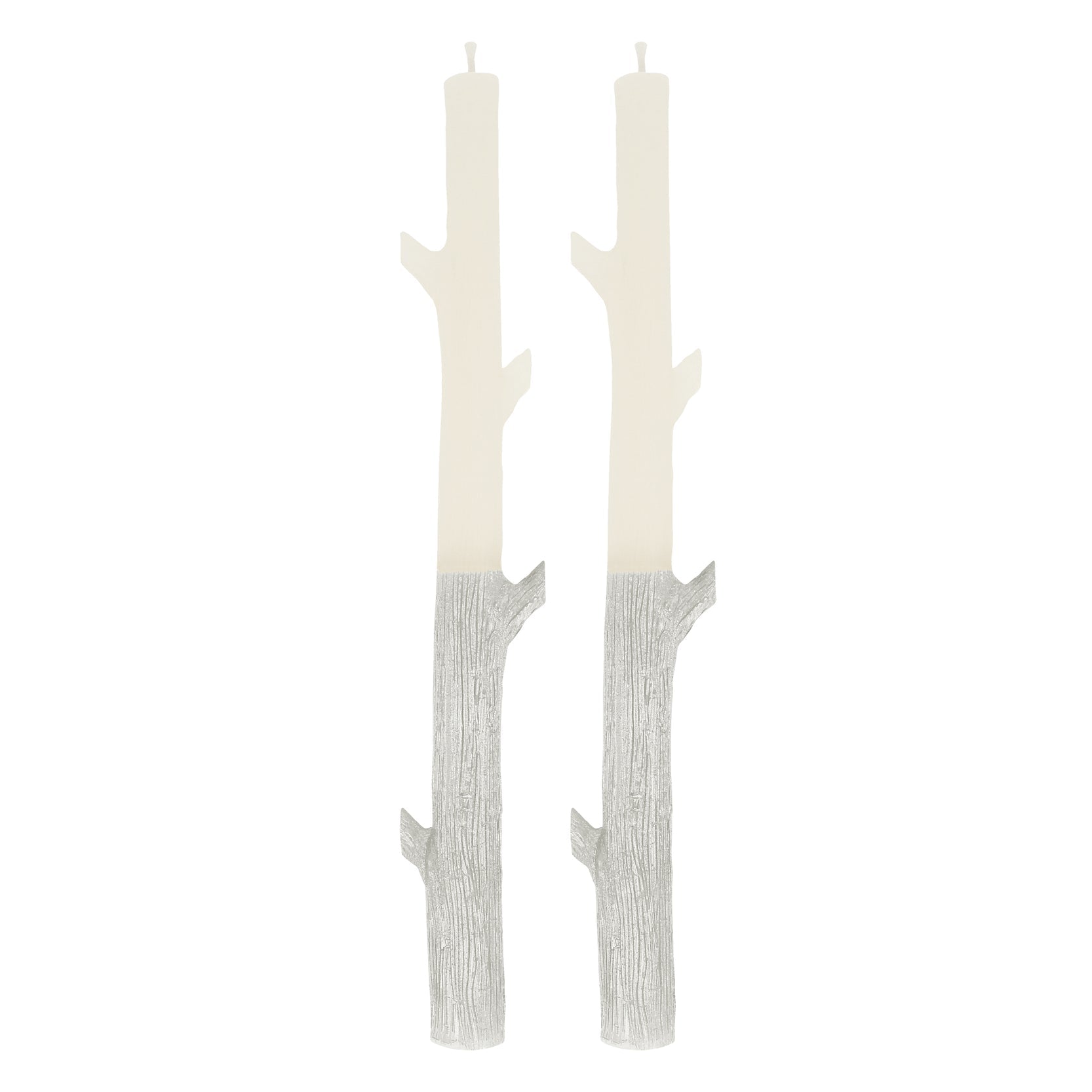 Pair of a white textured candles shaped like a stick with silver on bottom portion.