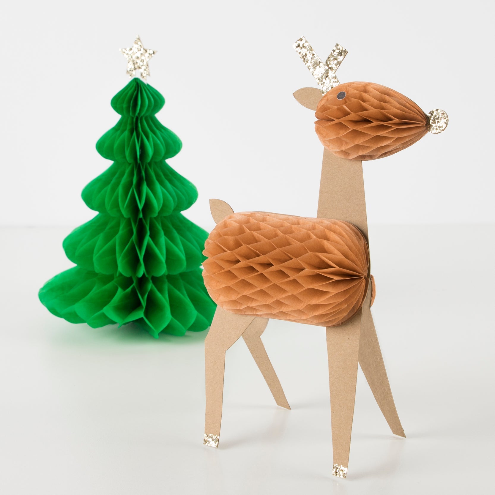 close up of reindeer and tree honeycomb characters