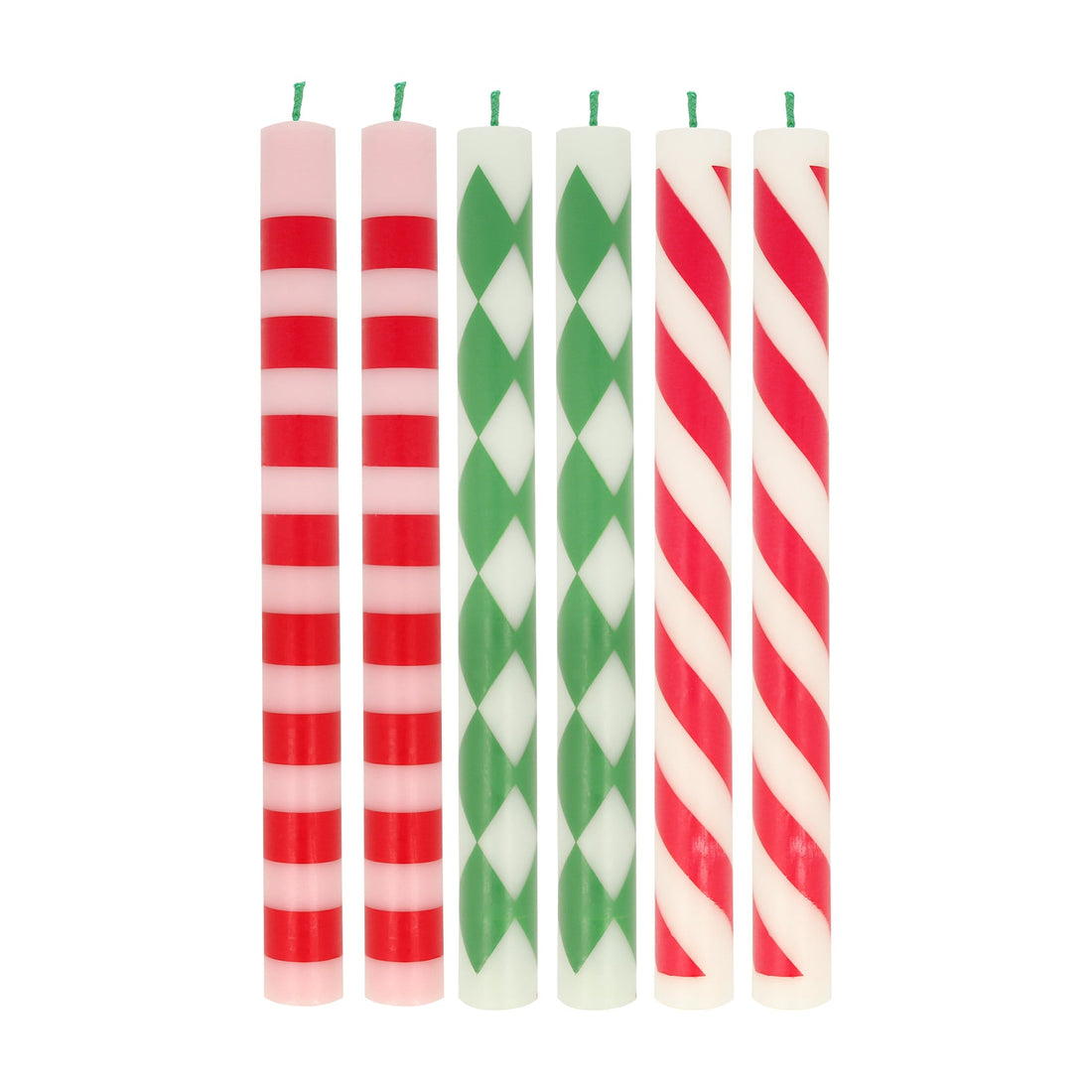 6 Striped candles with 3 design prints of pink and red, mint and green, and red and ivory