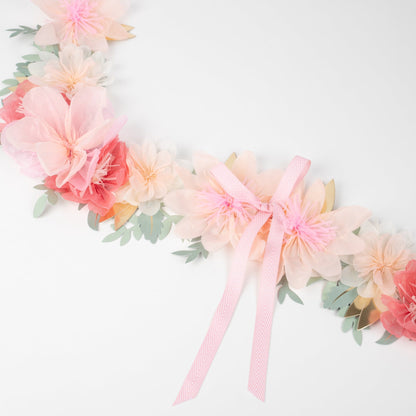 Meri Meri Ladurée Paris Garland with pink flowers and ribbons.