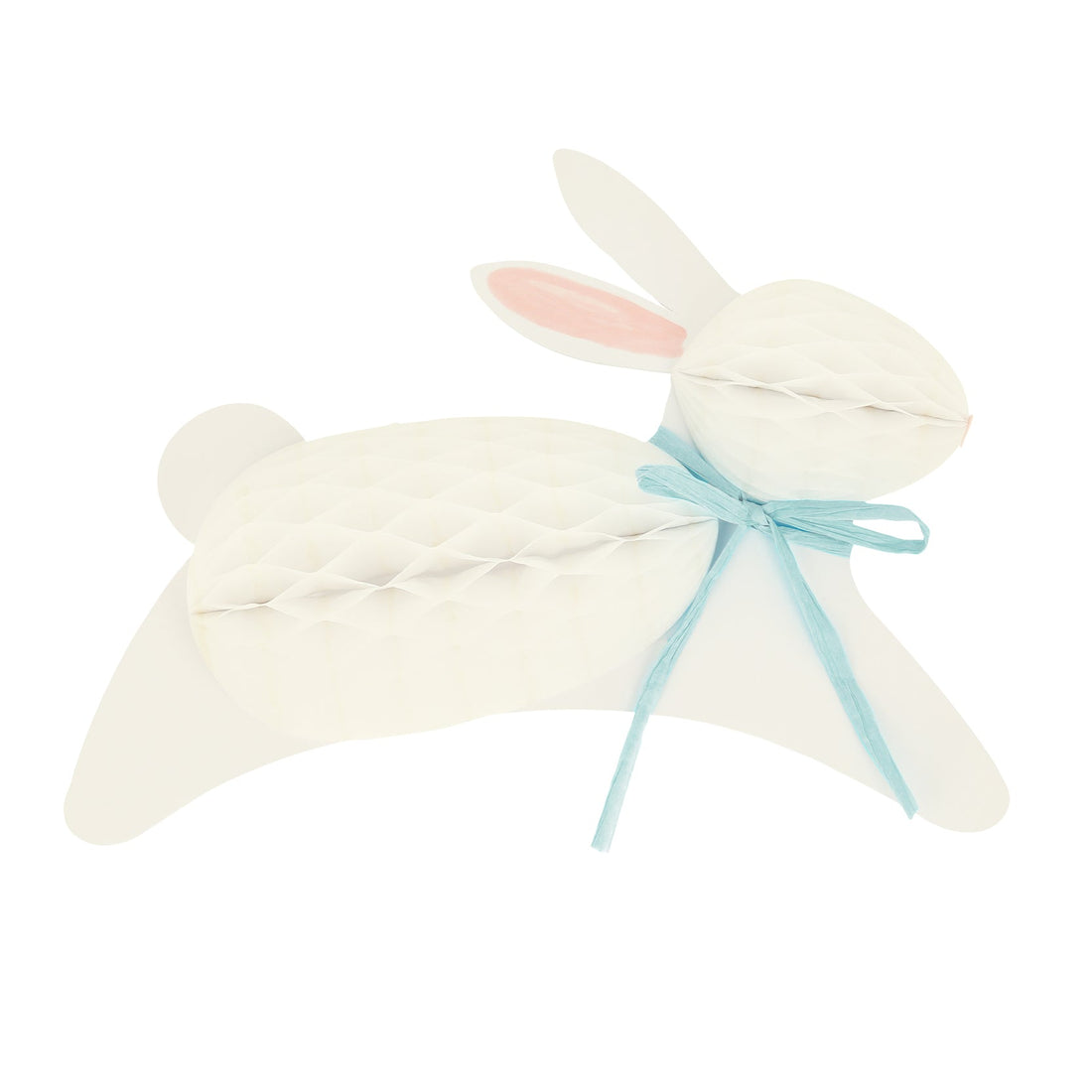 A white Bunny Honeycomb Decorations with a blue ribbon on a white background, perfect for Easter decorations. Brand: Meri Meri.