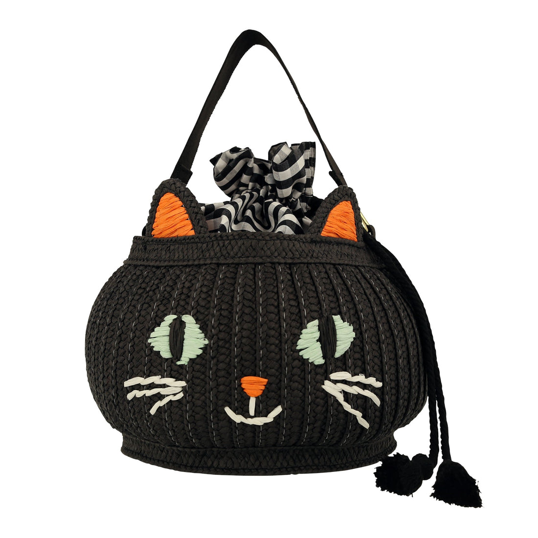 black basket bag with cat face stitched on the front