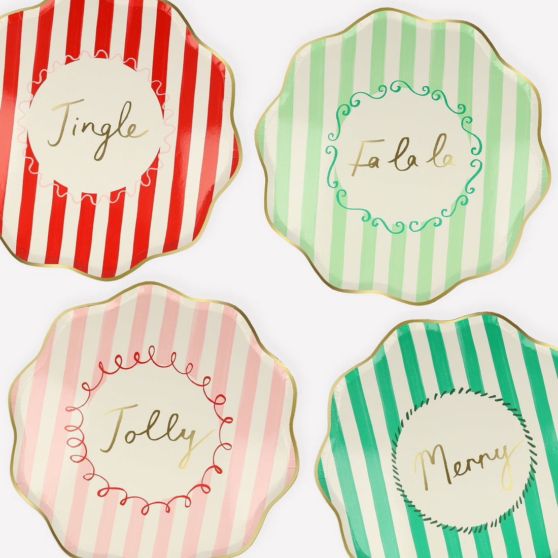 mint, green, red and pink stripes with holiday messages printed inside