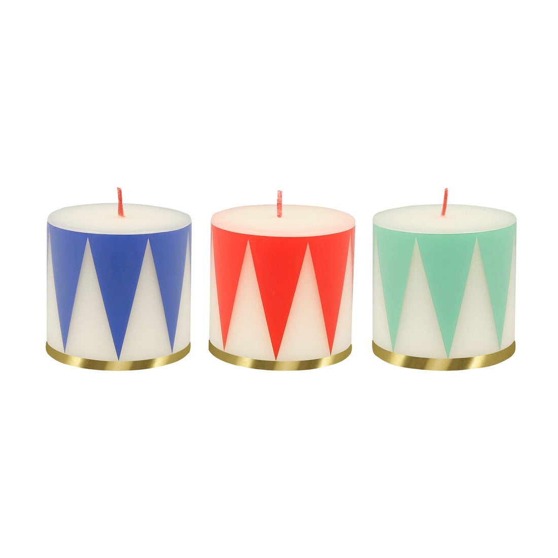 3 Ivory wax candles with transfer prints in red, green and blue