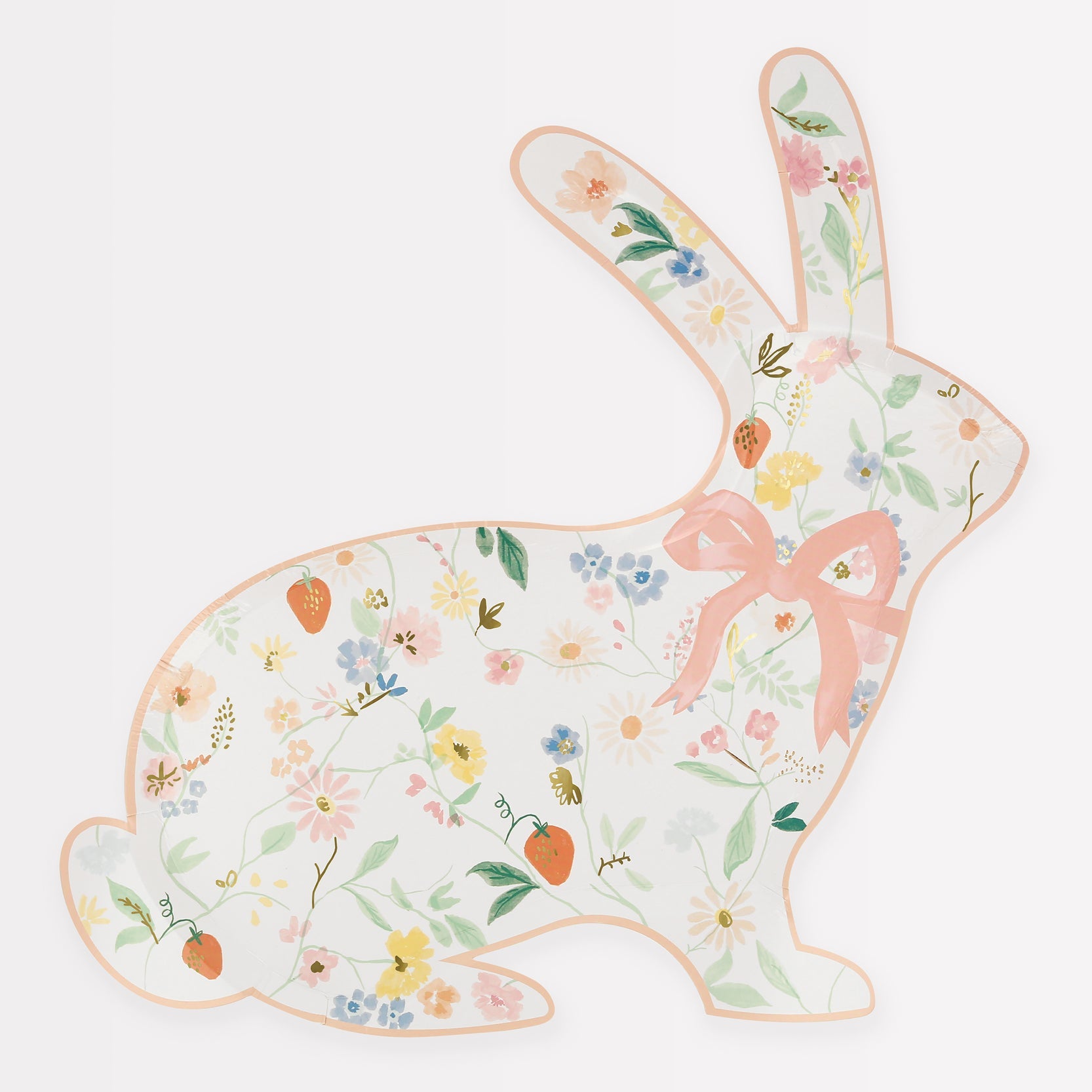 A white bunny with a pink bow on an Easter celebration Meri Meri Elegant Floral Bunny Shaped Plate.